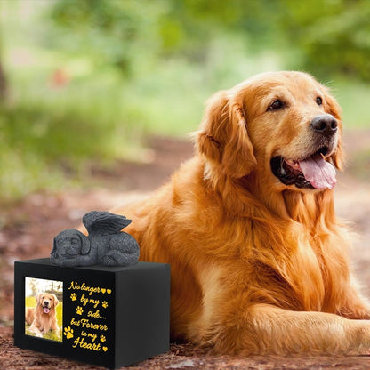 Wooden framed black urn plus small green dog ornament dog commemorative memory box