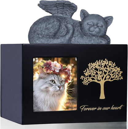 Spot black tree of life urn plus cat ornament, pet commemorative urn with photo frame cat