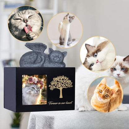 Spot black tree of life urn plus cat ornament, pet commemorative urn with photo frame cat