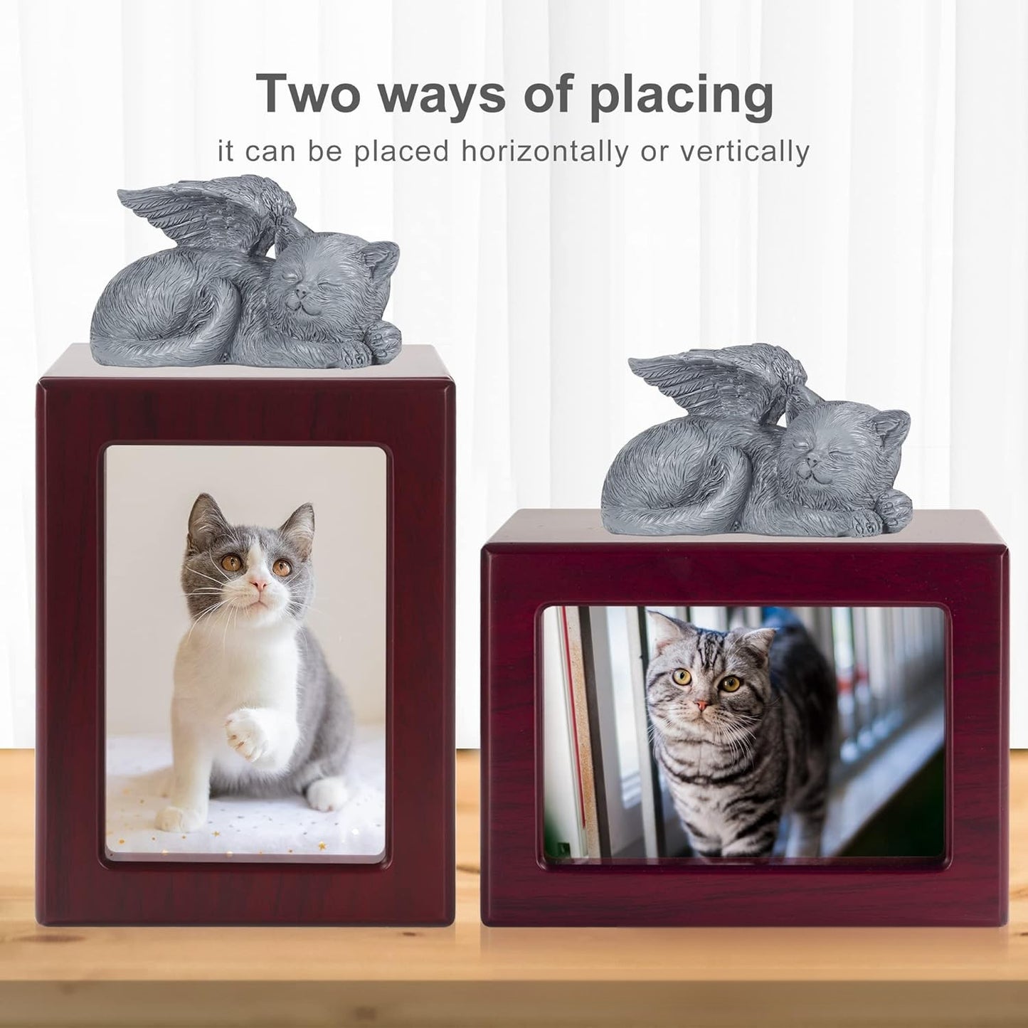 Wooden framed pet urn plus small green cat ornament cat commemorative memory box