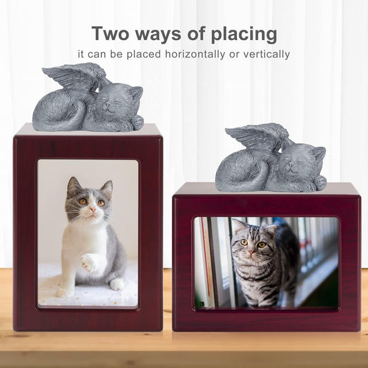 Wooden framed pet urn plus small green cat ornament cat commemorative memory box