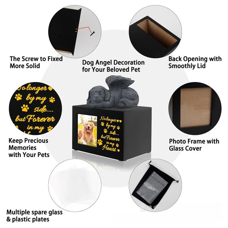 Wooden framed black urn plus small green dog ornament dog commemorative memory box