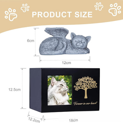 Spot black tree of life urn plus cat ornament, pet commemorative urn with photo frame cat