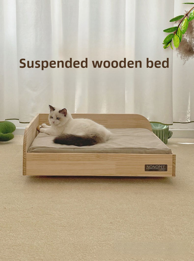 Pet solid wood bed off the ground moisture-proof cat all seasons removable washed canvas kennel wooden creative suspension bed