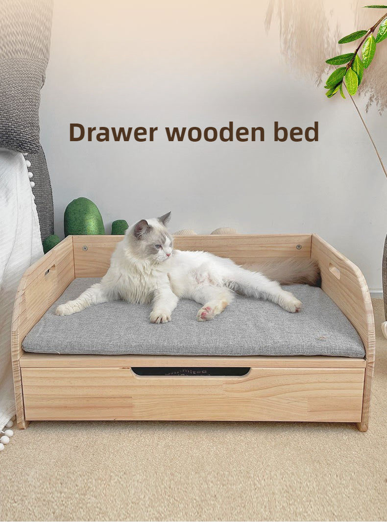 Drawer wooden bed, pet solid wood bed, cat nest removable and washable canvas, all-season wooden bed, can store storage