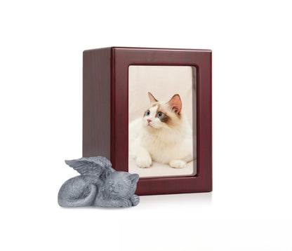 Wooden framed pet urn plus small green cat ornament cat commemorative memory box