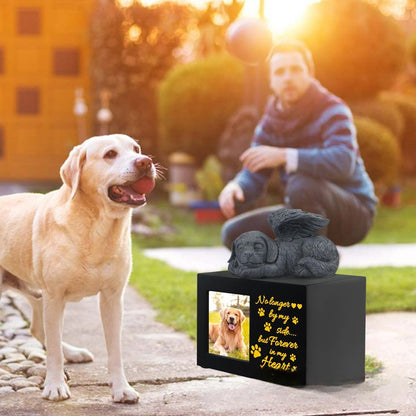 Wooden framed black urn plus small green dog ornament dog commemorative memory box