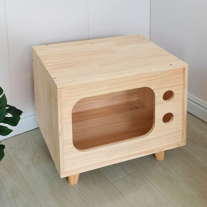Wholesale Solid Wood Cat Nest Factory Direct Sales Creative Height Up Large Solid Wood Cat House Retro TV Pine Wood Material Pet Nest