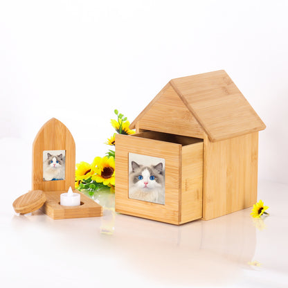 Wooden cat and dog commemorative box Pet supplies Wooden box with photo frame Drawer wooden pet urn