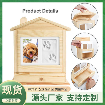 Pet ashes, pet wooden urn, urn with photo frame, small house, pine
