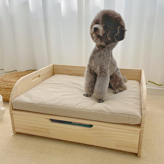 Drawer wooden bed, pet solid wood bed, cat nest removable and washable canvas, all-season wooden bed, can store storage