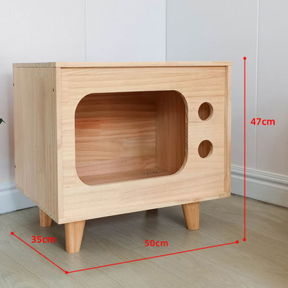 Wholesale Solid Wood Cat Nest Factory Direct Sales Creative Height Up Large Solid Wood Cat House Retro TV Pine Wood Material Pet Nest