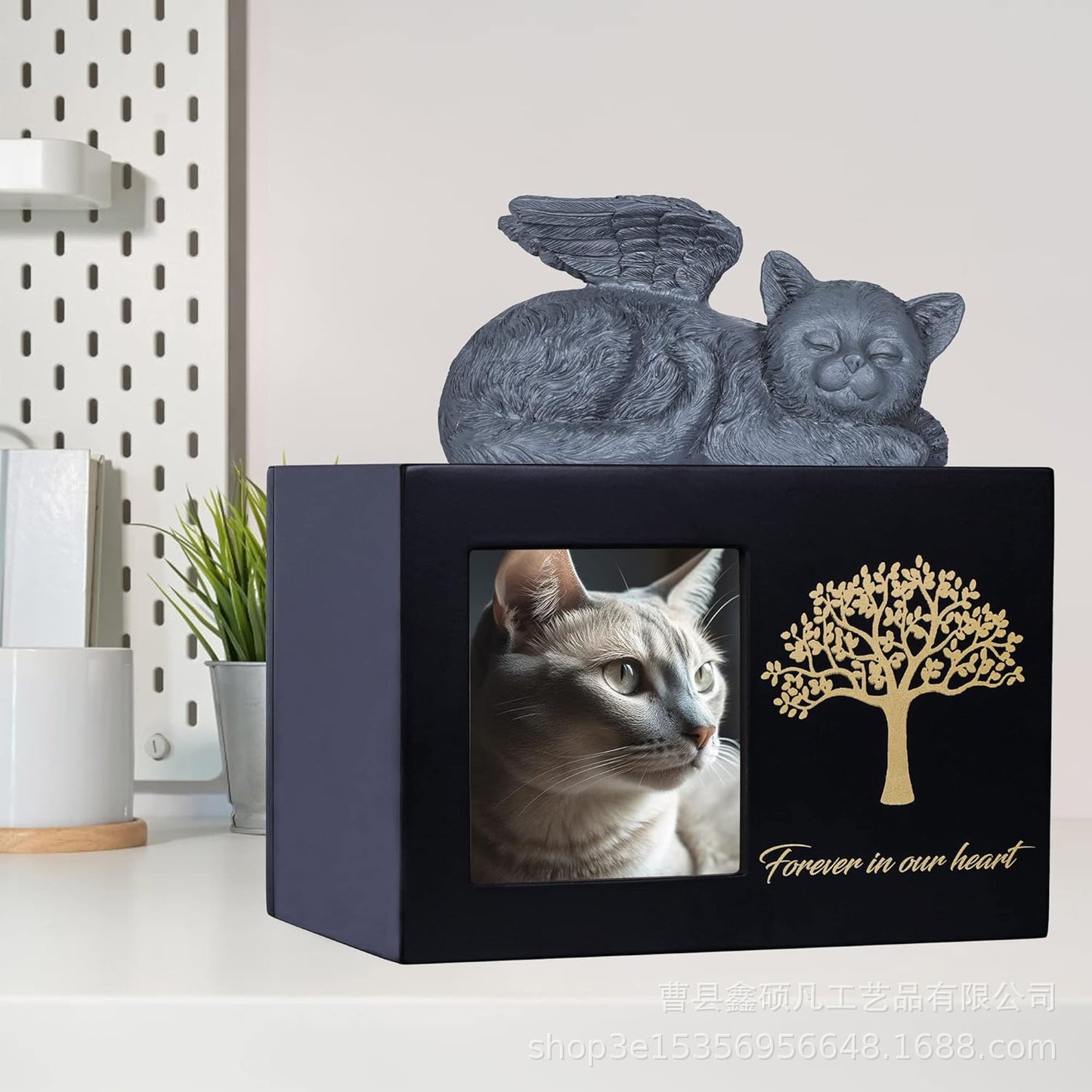 Spot black tree of life urn plus cat ornament, pet commemorative urn with photo frame cat
