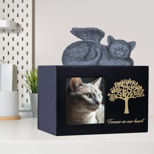 Spot black tree of life urn plus cat ornament, pet commemorative urn with photo frame cat