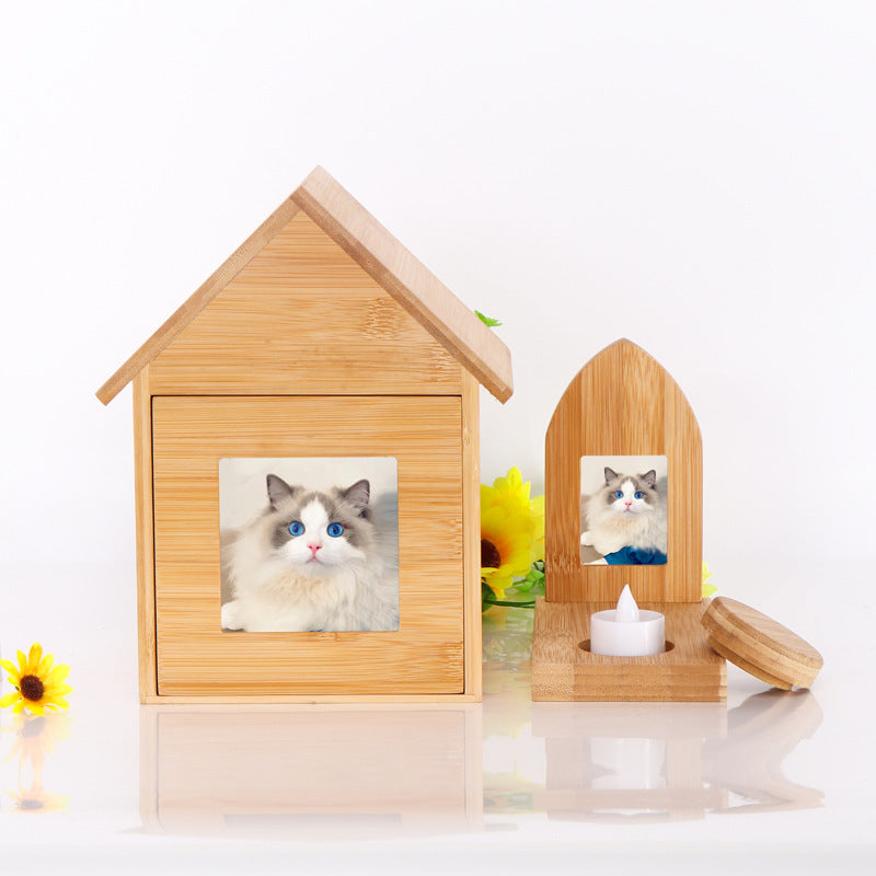Wooden cat and dog commemorative box Pet supplies Wooden box with photo frame Drawer wooden pet urn