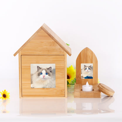 Wooden cat and dog commemorative box Pet supplies Wooden box with photo frame Drawer wooden pet urn