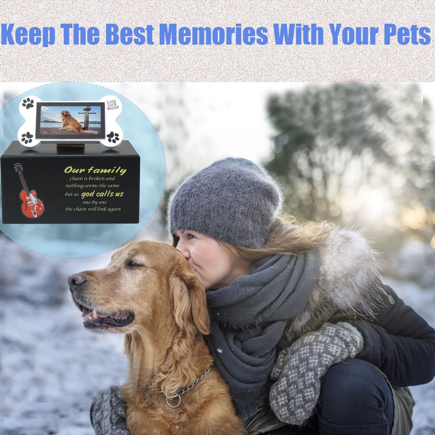 Spot wooden pet guitar + photo frame urn funeral supplies, solid wood birthday box sacrificial urn