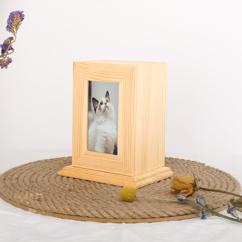 Animal wooden box Solid wood pet memorial urn with picture frame Dog cat pet cremation box