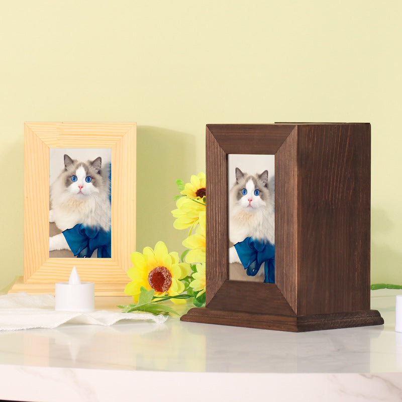 Animal wooden box Solid wood pet memorial urn with picture frame Dog cat pet cremation box