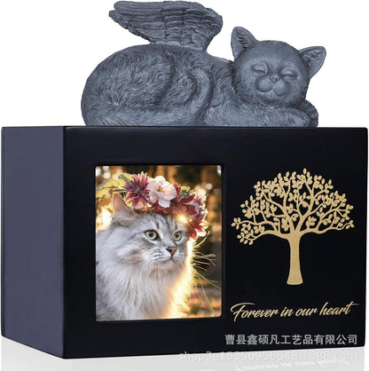 Spot black tree of life urn plus cat ornament, pet commemorative urn with photo frame cat