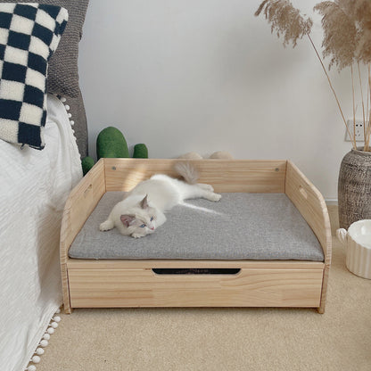 Drawer wooden bed, pet solid wood bed, cat nest removable and washable canvas, all-season wooden bed, can store storage