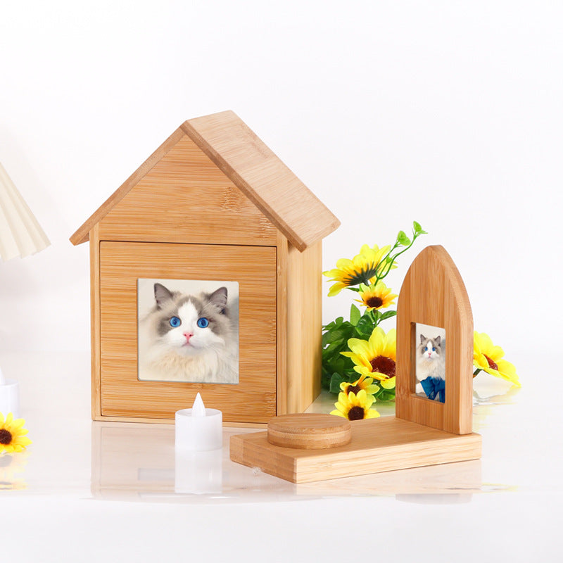 Wooden cat and dog commemorative box Pet supplies Wooden box with photo frame Drawer wooden pet urn