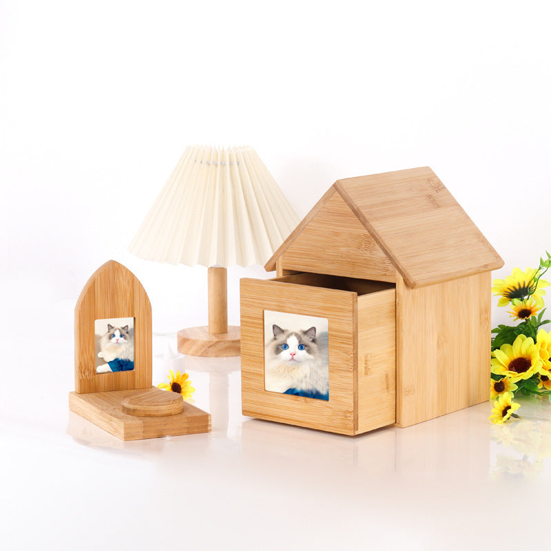 Wooden cat and dog commemorative box Pet supplies Wooden box with photo frame Drawer wooden pet urn