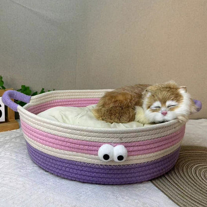 Woven cat nest, big-eyed cute pet nest, universal in all seasons, scratch-resistant and bite-resistant, washable without debris, summer cool nest, cat cat bed