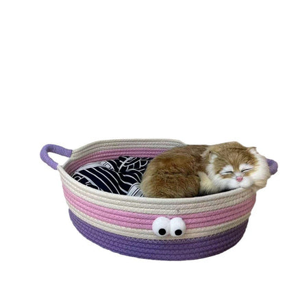 Woven cat nest, big-eyed cute pet nest, universal in all seasons, scratch-resistant and bite-resistant, washable without debris, summer cool nest, cat cat bed
