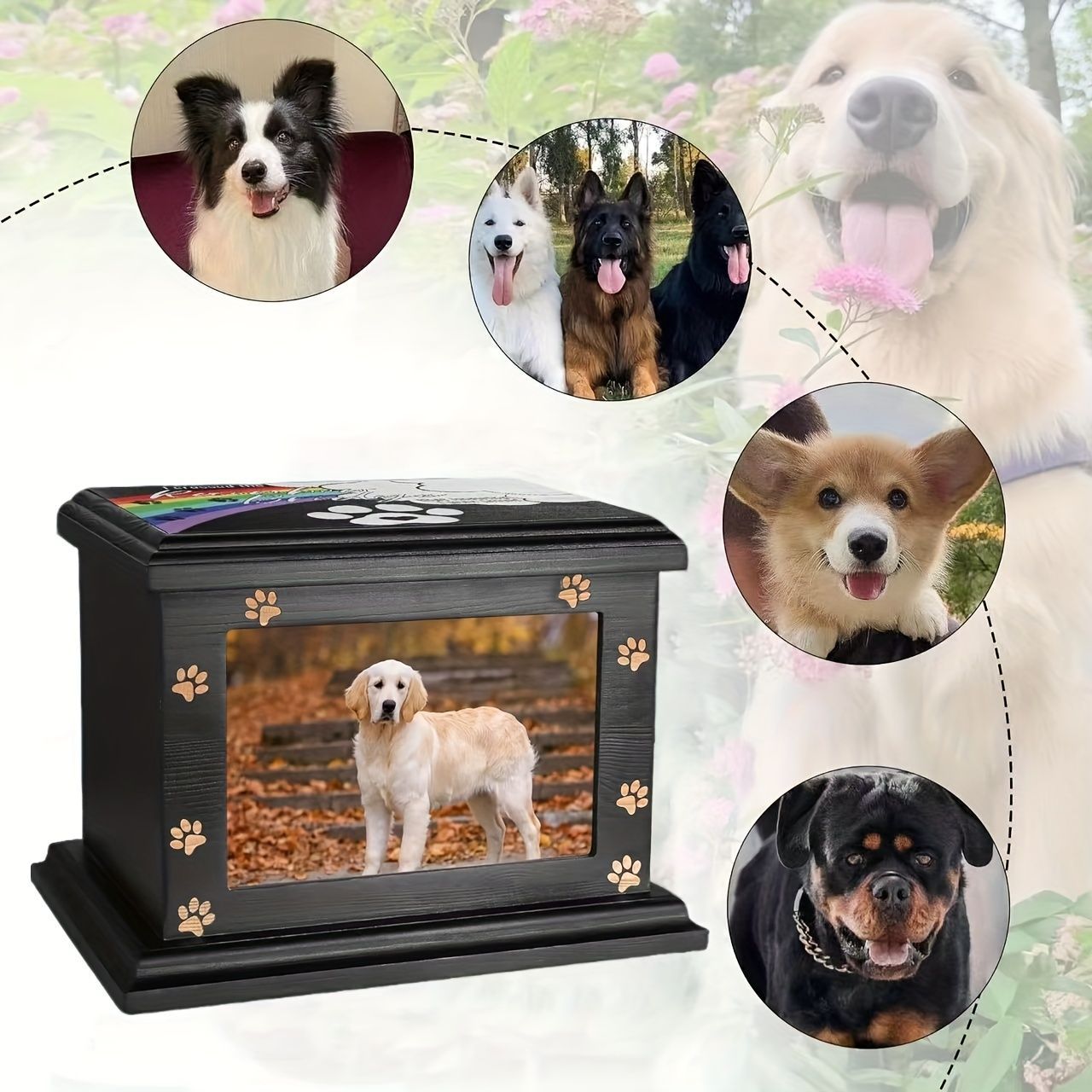 Pet urn, wooden black rainbow dog paw frame, suitable for cats and dogs and other pets