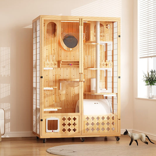 Large cat villa cat house household luxury cat cage indoor glass oversized cat integrated panoramic wooden cat house