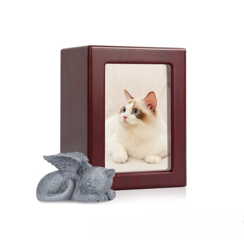 Wooden framed pet urn plus small green cat ornament cat commemorative memory box