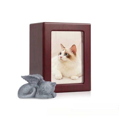 Wooden framed pet urn plus small green cat ornament cat commemorative memory box