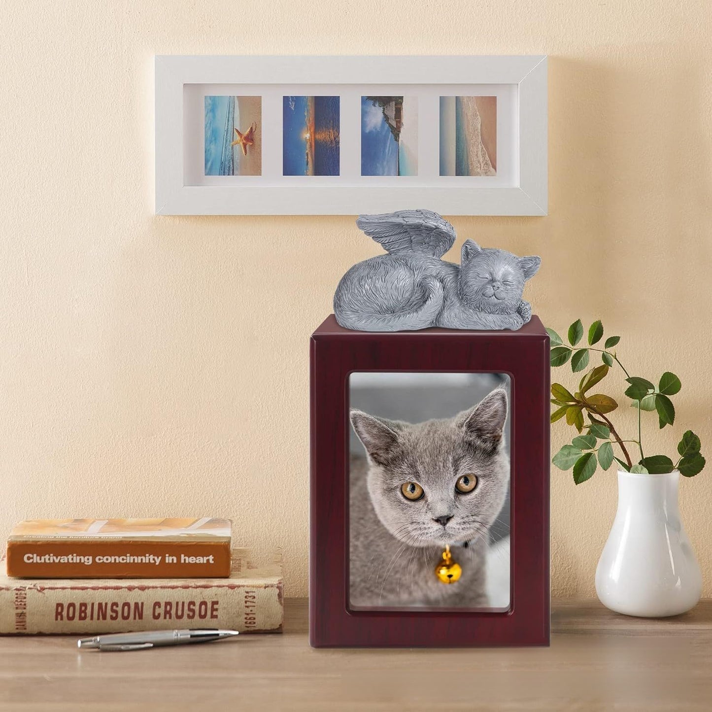 Wooden framed pet urn plus small green cat ornament cat commemorative memory box