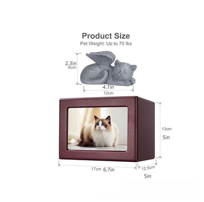 Wooden framed pet urn plus small green cat ornament cat commemorative memory box