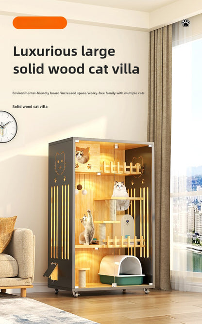 Large household indoor solid wood cat nest integrated double-layer wooden large cat villa panoramic balcony cat house