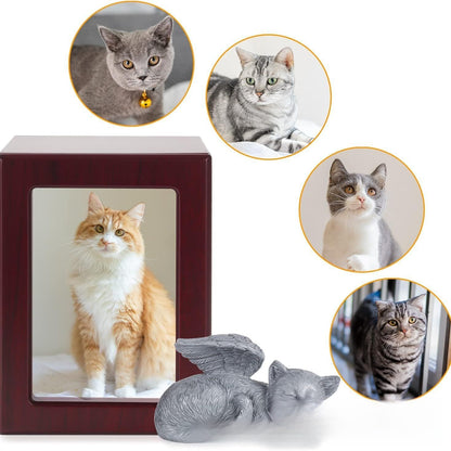 Wooden framed pet urn plus small green cat ornament cat commemorative memory box