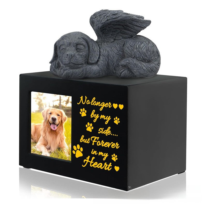 Wooden framed black urn plus small green dog ornament dog commemorative memory box
