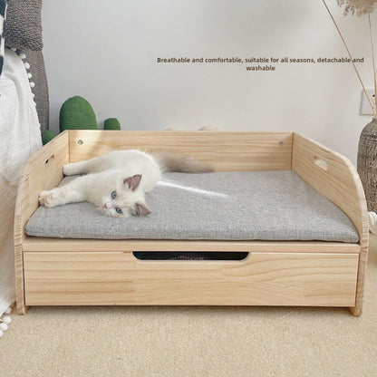 Drawer wooden bed, pet solid wood bed, cat nest removable and washable canvas, all-season wooden bed, can store storage
