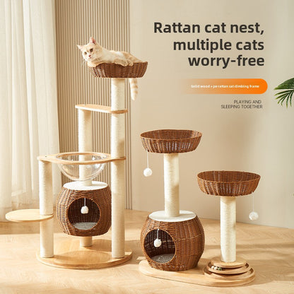 Solid wood cat climbing frame cat tree integrated household space capsule PE rattan cat nest sisal cat frame cat jumping platform cat supplies