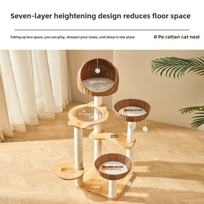 Solid wood cat climbing frame cat tree integrated household space capsule PE rattan cat nest sisal cat frame cat jumping platform cat supplies