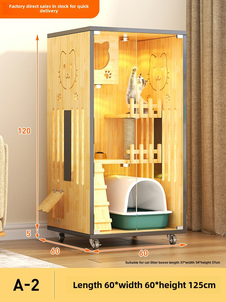 Large household indoor solid wood cat nest integrated double-layer wooden large cat villa panoramic balcony cat house