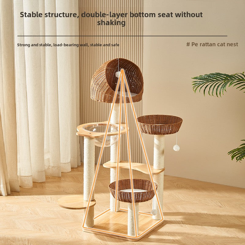 Solid wood cat climbing frame cat tree integrated household space capsule PE rattan cat nest sisal cat frame cat jumping platform cat supplies