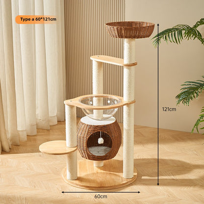 Solid wood cat climbing frame cat tree integrated household space capsule PE rattan cat nest sisal cat frame cat jumping platform cat supplies