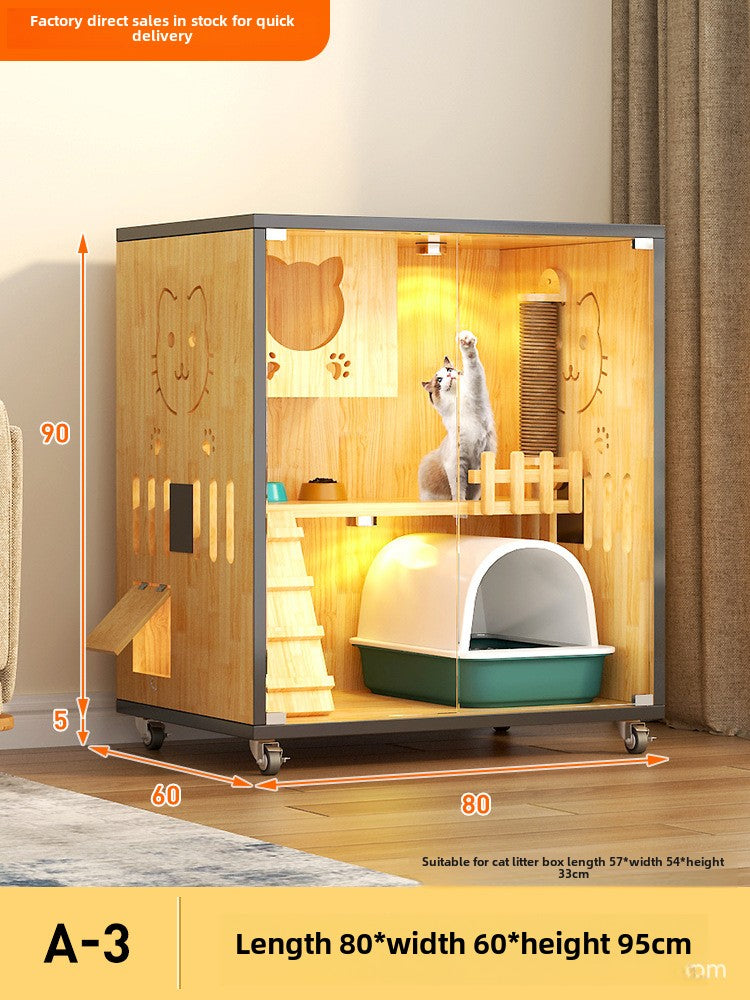 Large household indoor solid wood cat nest integrated double-layer wooden large cat villa panoramic balcony cat house