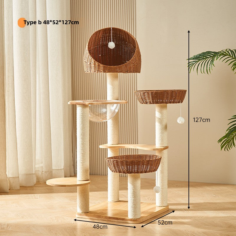 Solid wood cat climbing frame cat tree integrated household space capsule PE rattan cat nest sisal cat frame cat jumping platform cat supplies