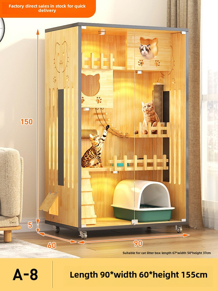 Large household indoor solid wood cat nest integrated double-layer wooden large cat villa panoramic balcony cat house