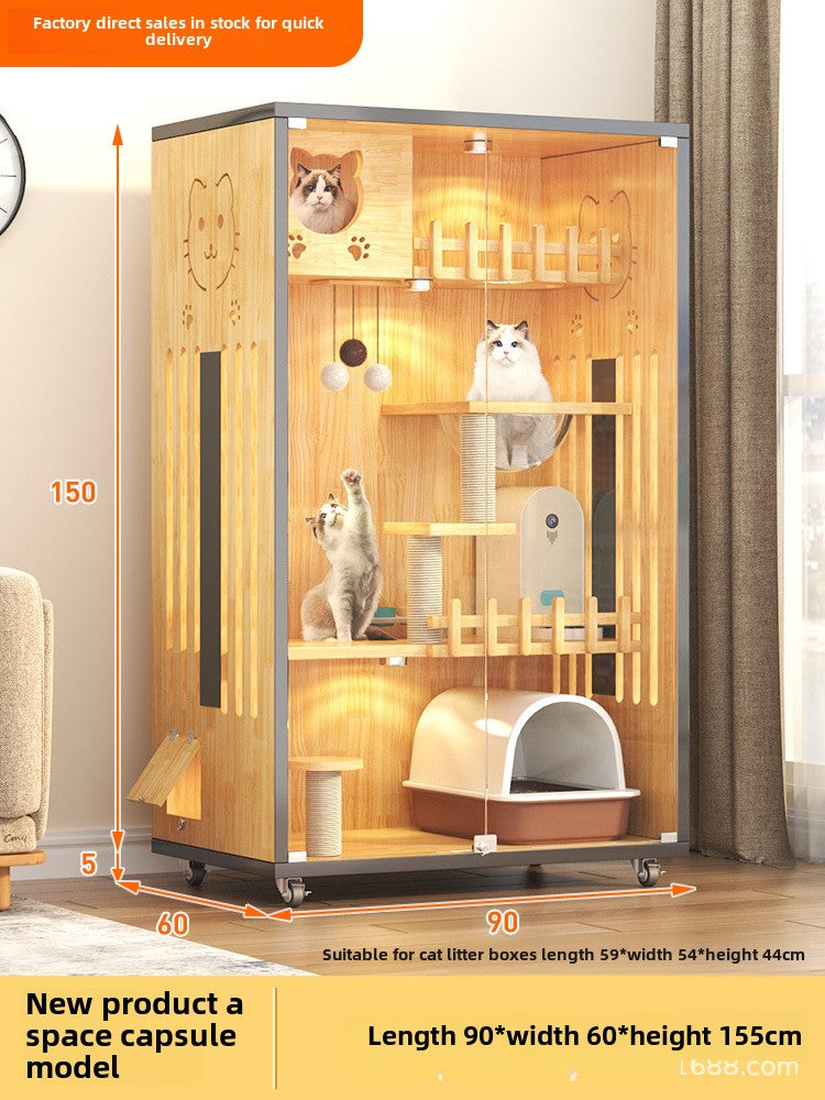 Large household indoor solid wood cat nest integrated double-layer wooden large cat villa panoramic balcony cat house