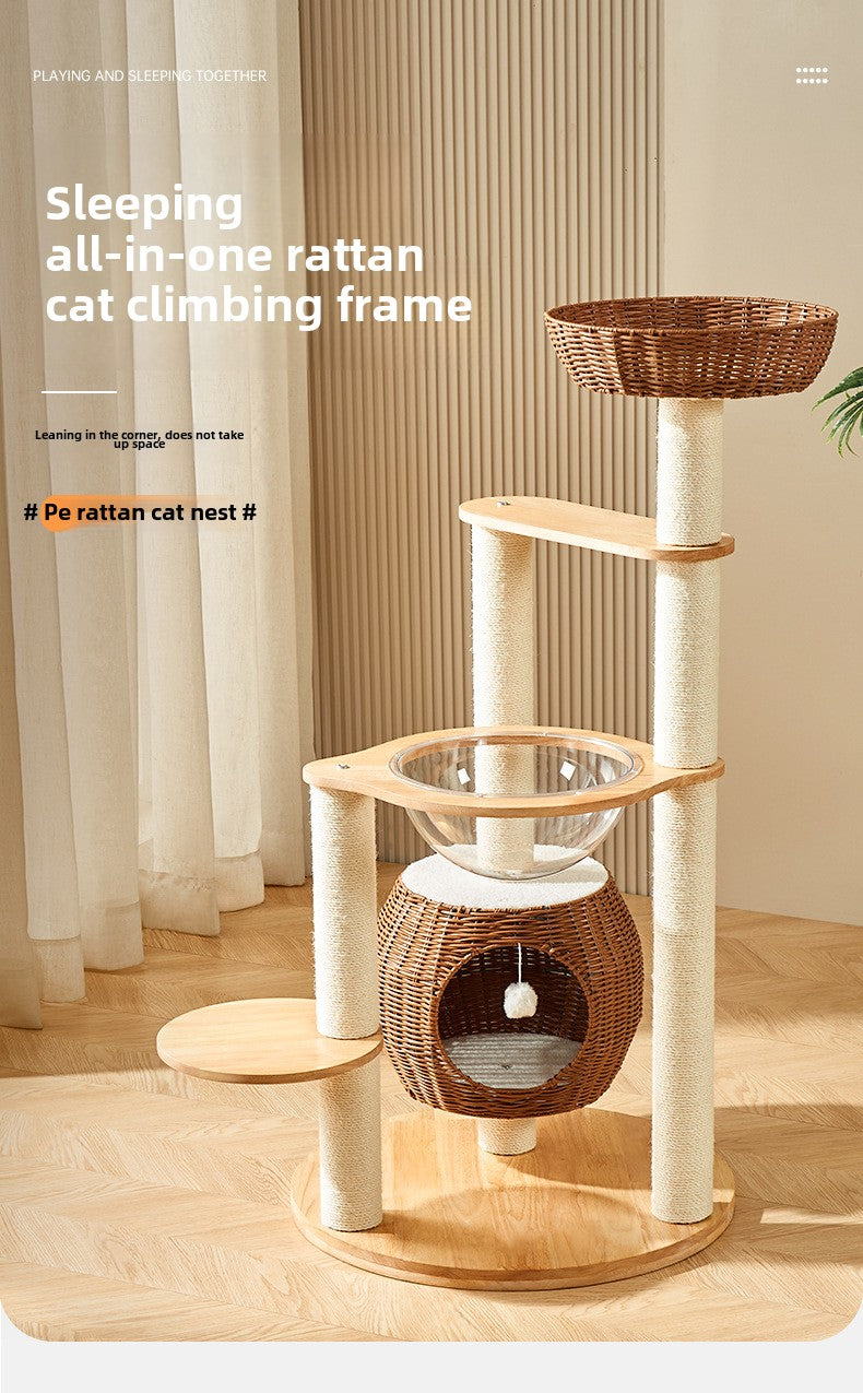 Solid wood cat climbing frame cat tree integrated household space capsule PE rattan cat nest sisal cat frame cat jumping platform cat supplies