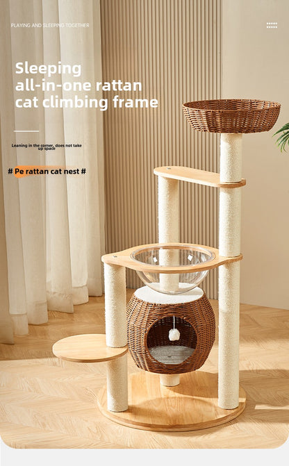 Solid wood cat climbing frame cat tree integrated household space capsule PE rattan cat nest sisal cat frame cat jumping platform cat supplies